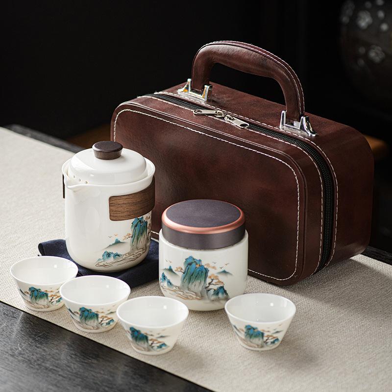 Travel white porcelain gifts Guochao Splendid Mountains and Rivers Outdoor Kung Fu Tea Set Small Set Portable Kuaike Cup