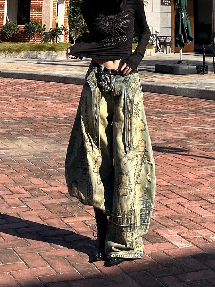 ZYLLO Американские джинсы Y2K с нашивкой, вышивка иглой, тяжелая промышленность, широкий крой, ретро, грязное окрашивание, варка, свободные, модные, повседневные, с высокой талией