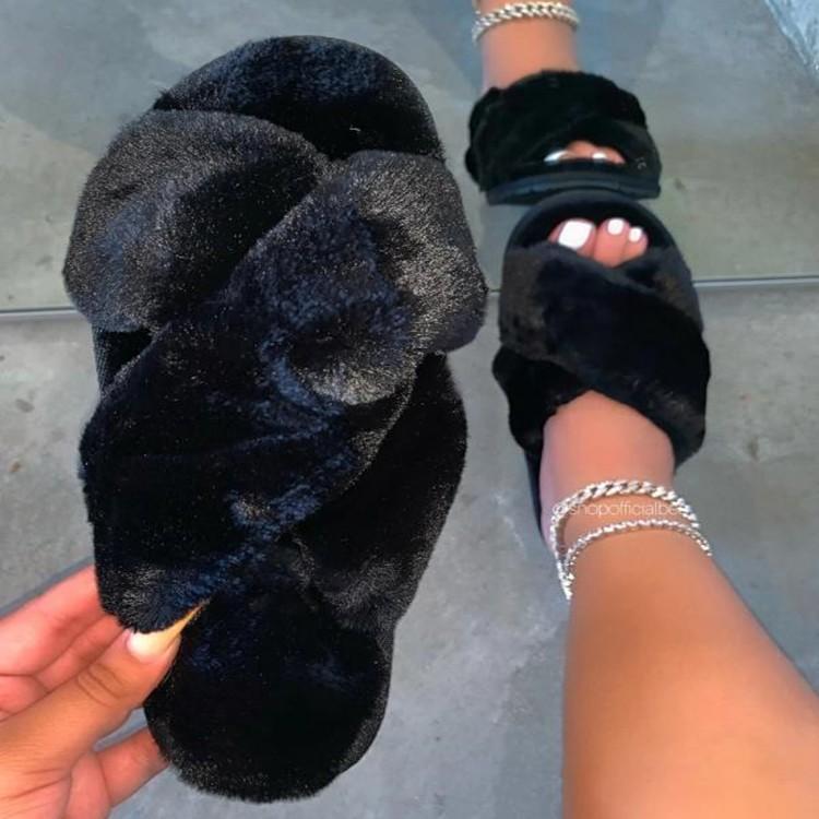 Fashion Women House Slippers Fur Fashion Warm Shoes Woman Slip On Flats Female Slides Cozy Home Furry Slippers