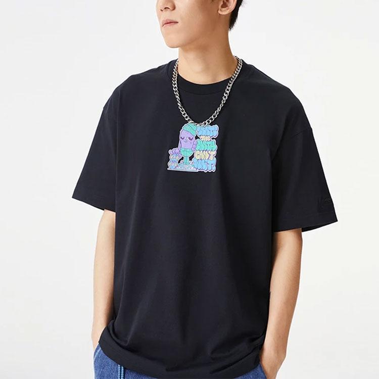 Li-Ning X Persue Artist Collaboration Skateboard Series Cartoon Letter Print Round Neck Casual T-Shirt Unisex Tops Black AHSS295-1
