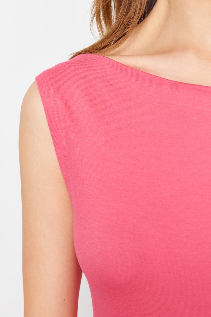 Женская модная новая блузка розового цвета с вырезом лодочкой, приталенная вискозная мягкая ткань, эластичная трикотажная блузка