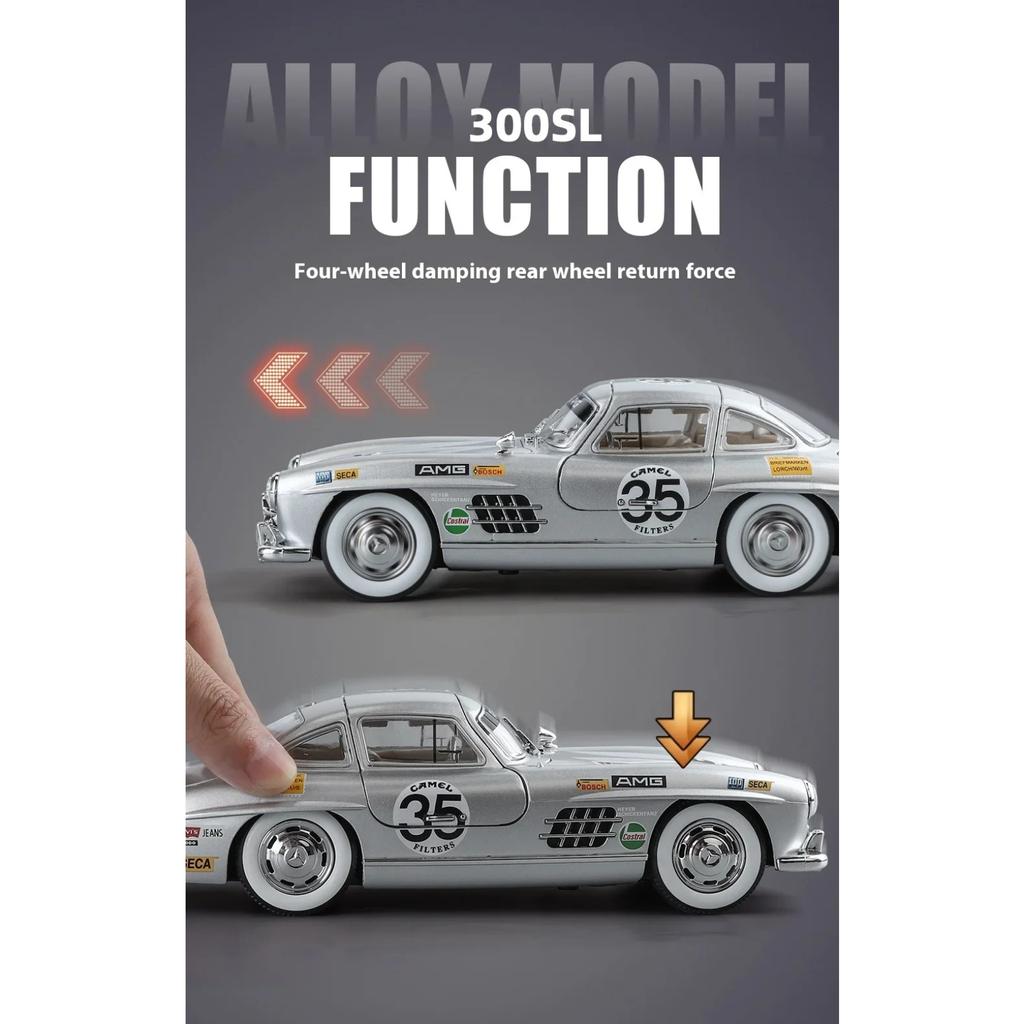 1/24 Mercedes Benz 300SL Latte Painting Modified Version Classic Car Alloy Diecast Model Vehicle Sound & Light Gift for Friend