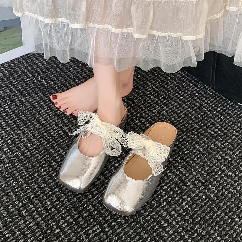 Fashion Baotou Flat Shoes Women Fashion Square Head Shallow Mouth Lace Lace-up Butterfly Knot Soft Sole Non-slip Slippers