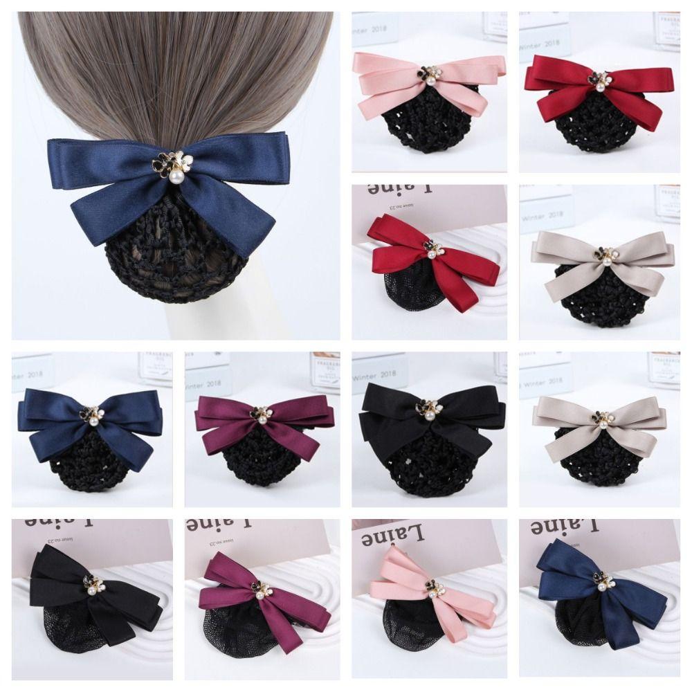 Ribbon Pearls Crochet Bun Net Bun Snood Lace Hair Net Detachable Bow Snood Spring Clip  Bank