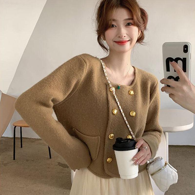 Двубортный вязаный кардиган, женский свитер, осень и зима 2023, французский кардиган с короткими рукавами, пальто, женские топы