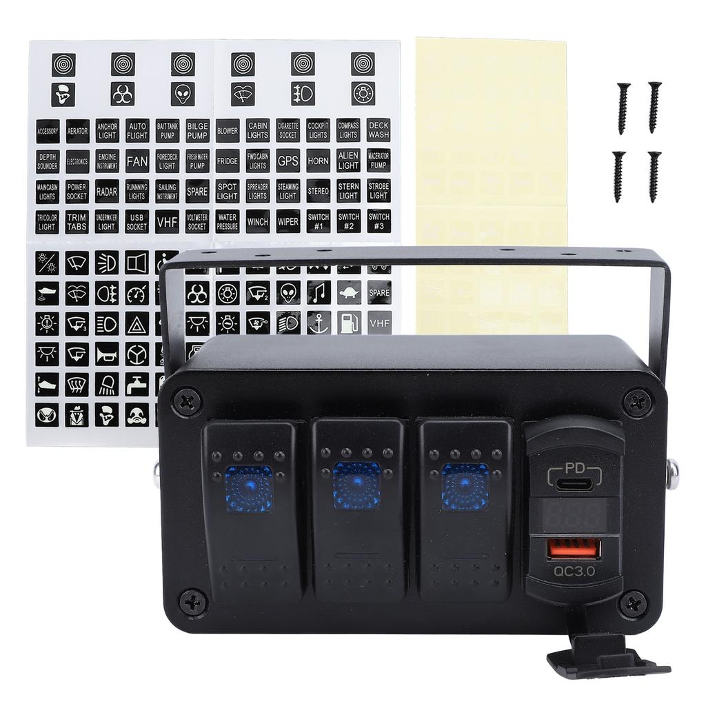 3 Gang Rocker Switch Panel DC12‑24V On Off Toggle Switch with PD Type C and QC3.0 USB Charger Voltmeter for Car Trucks