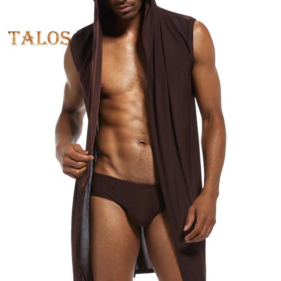 Мужской халат с поясом, капюшоном, без рукавов, однотонный халат из ледяного шелка, с открытой передней частью, мягкий домашний халат из ледяного шелка