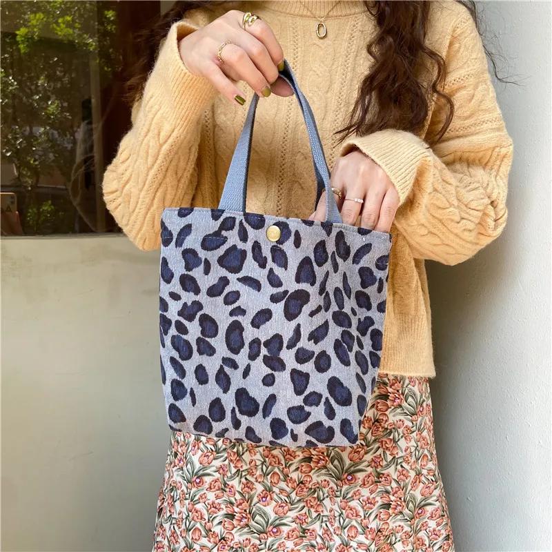 Casual Women Portable Lunch Bento Bag Retro Flower Ladies Small Handbags Thin Corduroy Female Shopper Clutch Purse Shoulder Bags