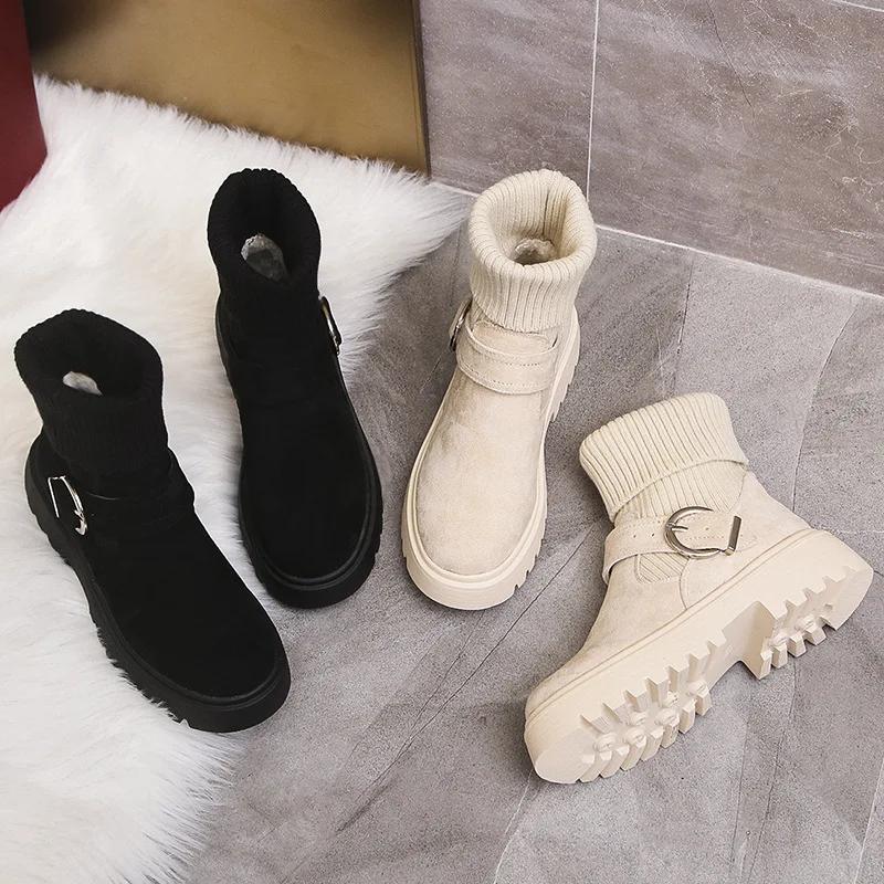 Теплые ботильоны женские зимние модные вязаные женские туфли корейские ботильоны на шнуровке на платформе короткие ботильоны теплые ботильоны с квадратными пуговицами женские