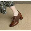 Мода 2025 Новые туфли на высоком толстом каблуке Женские весенне-осенние ботильоны телесного цвета Коричневые вязаные в британском стиле На шнуровке Маленькие кожаные туфли