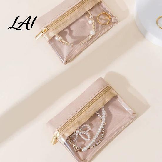 Small Jewelry Pouch Portable Storage Bag Flannel Organizer Case with Transparent Window And Lightweight Travel Smooth Zipper Compact Necklace Holder