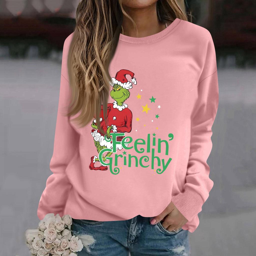 Women's Fashion Casual Long Sleeve Solid Color Christmas Printed Round Neck Top Sweatshirt