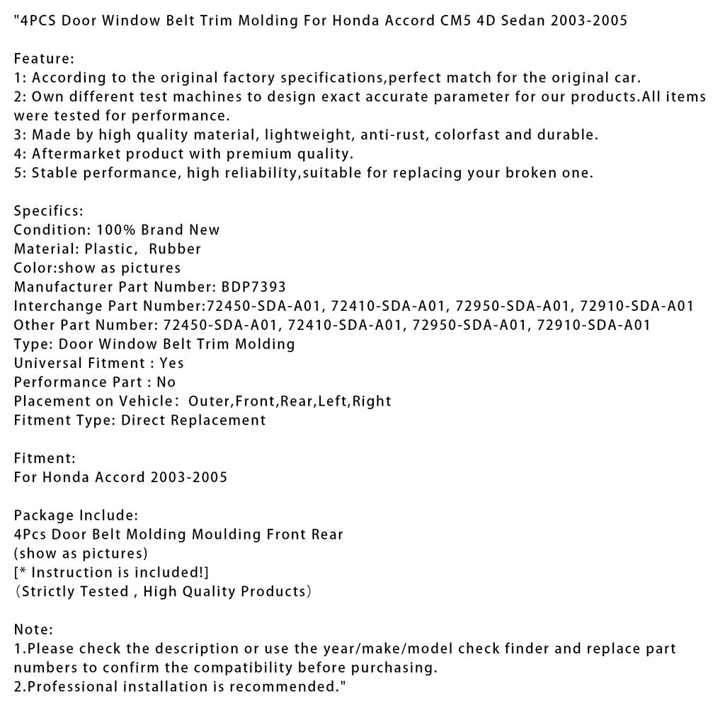 4шт молдинг отделки ремня двери окна для Honda Accord CM5 4D Sedan 2003-2005