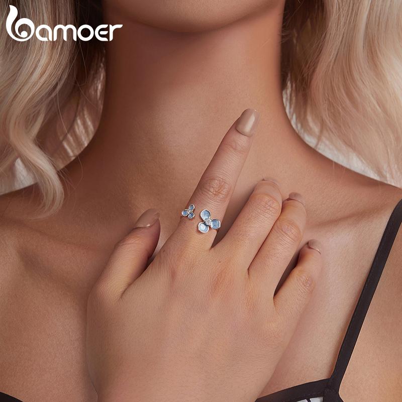BAMOER Кольцо регулируемого размера из стерлингового серебра 925 пробы с синим цветком, покрытое белым золотом, милые кольца для обещания на Рождество, изящные шикарные украшения
