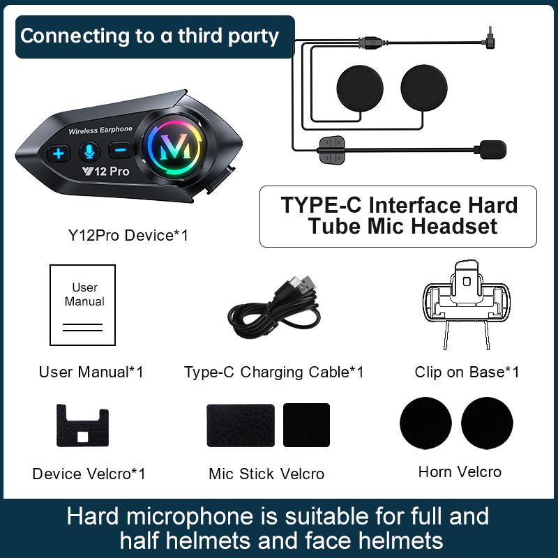 Y12 Pro Motorcycle Helmet Intercom Bluetooth 5.4 Headset Waterproof 500m Intercomunicador Speaker Wireless Handsfree Interphone