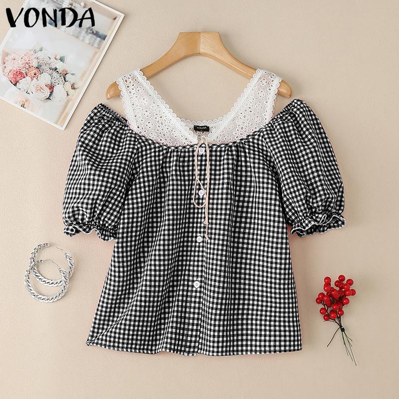 VONDA Женские летние топы с коротким рукавом и без бретелек, кружевные, в клетку, с принтом в стиле пэчворк