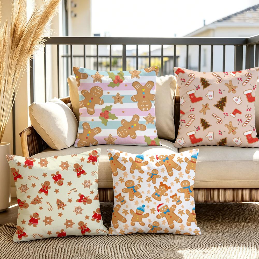 Festive Gingerbread Pattern Cushion Cover Plush Fabric Soft DoubleSided Printed Sofa Warm Winter Home Gift Pillow Cover