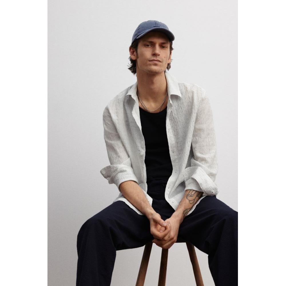 H M Loose Fit Textured sHirt wHite Stripe