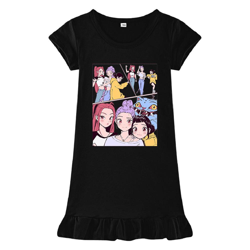 M1238 Kids Girls Kpop Rumi Zoey Mira Print Short Sleeves Ruffle Dress