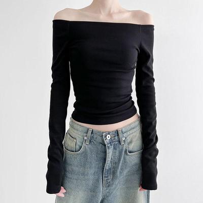 Черные однотонные элегантные топы с длинными рукавами, корейская модная тонкая сексуальная укороченная футболка, женская осенняя одежда
