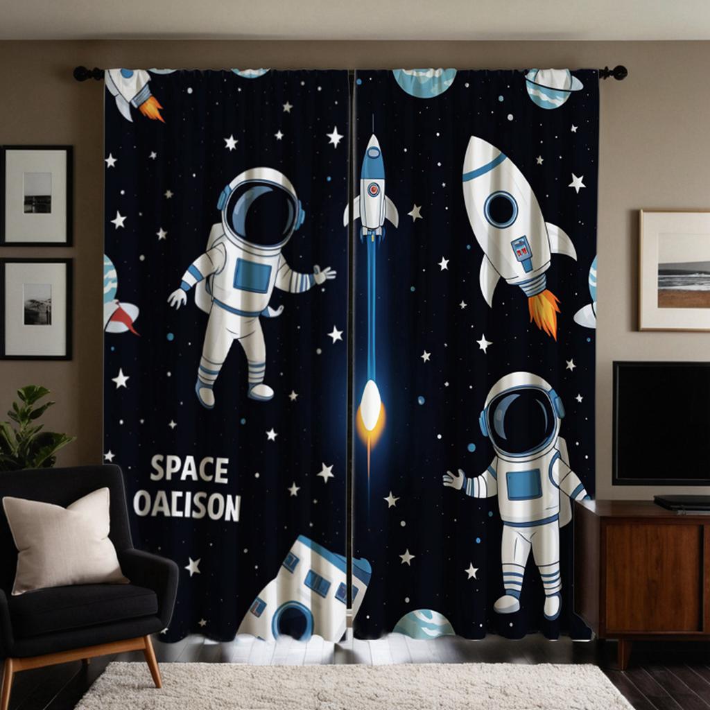 2 шт. HD Цифровые Черные Отделение Мультяшная Планета Космос Астронавт Шторы Домашний Декор Стиль Декорирование Гостиная Спальня