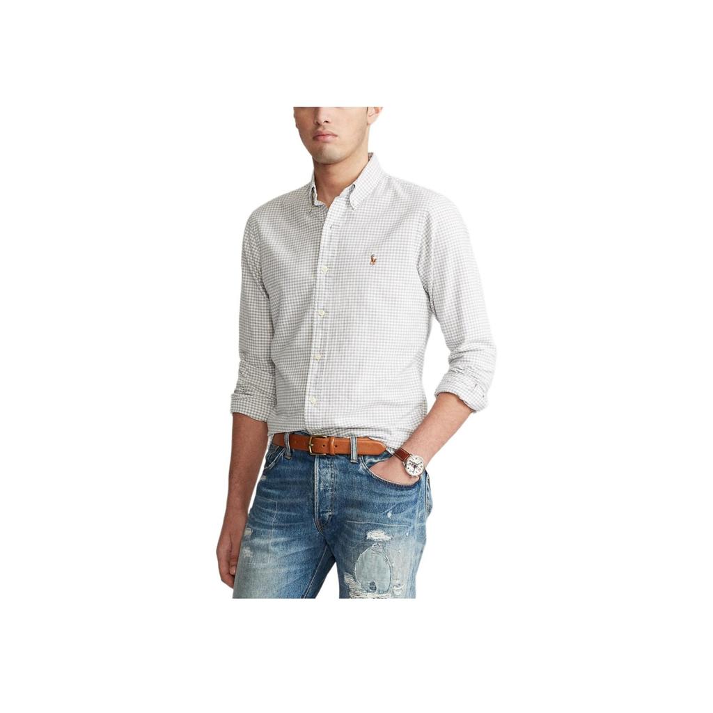 Polo Ralph Lauren Рубашка мужская в клетку с вышивкой пони, однобортная, с длинным рукавом, светло-серая 710823145-002