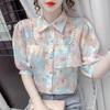 Новая летняя блузка из шифона с жемчужными оборками и цветочным принтом, милая рубашка с отложным воротником и цветочным принтом, с короткими рукавами