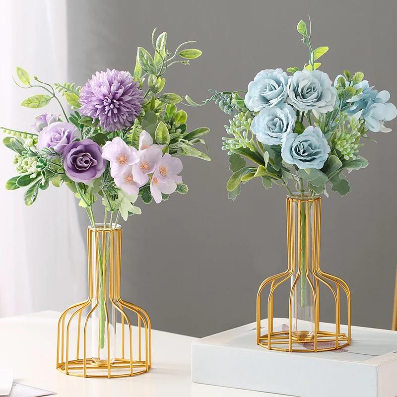 Простая полая железная ваза, прозрачный искусственный цветок, имитация маленькой винной бутылки, креативный цветок, контейнер для сухоцветов