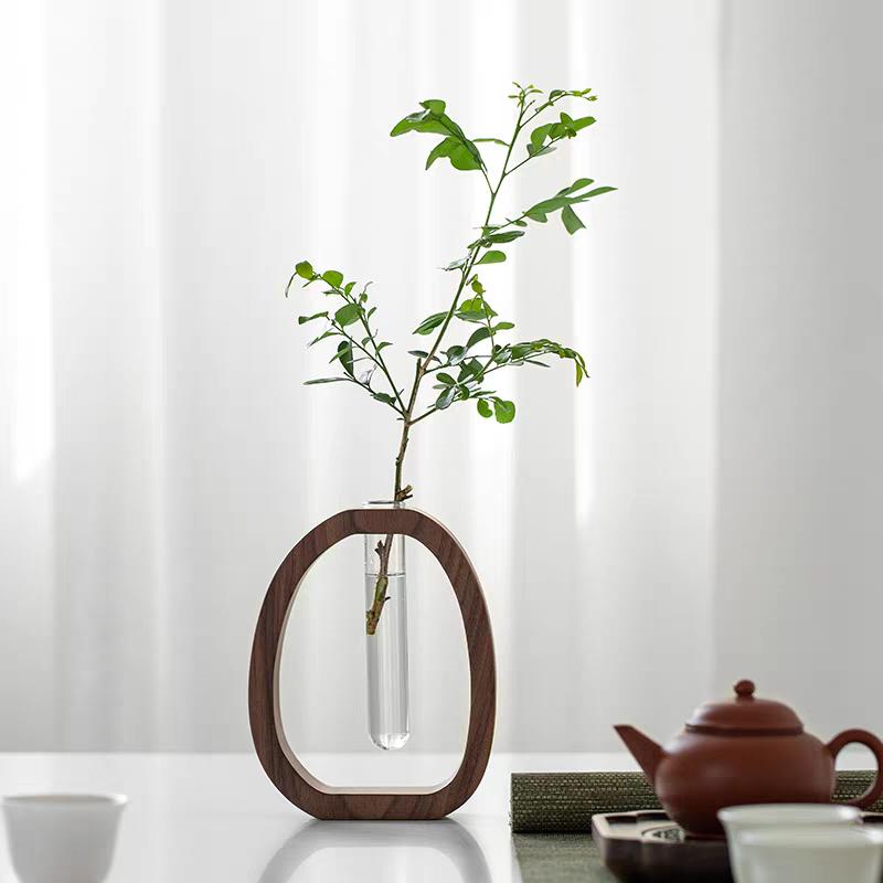 Walnut Wood Chinese-Style Solid Wood Flower Vase Desktop Glass Mini Hydroponic Flower Holder Luxury-inspired Elegant Decorative