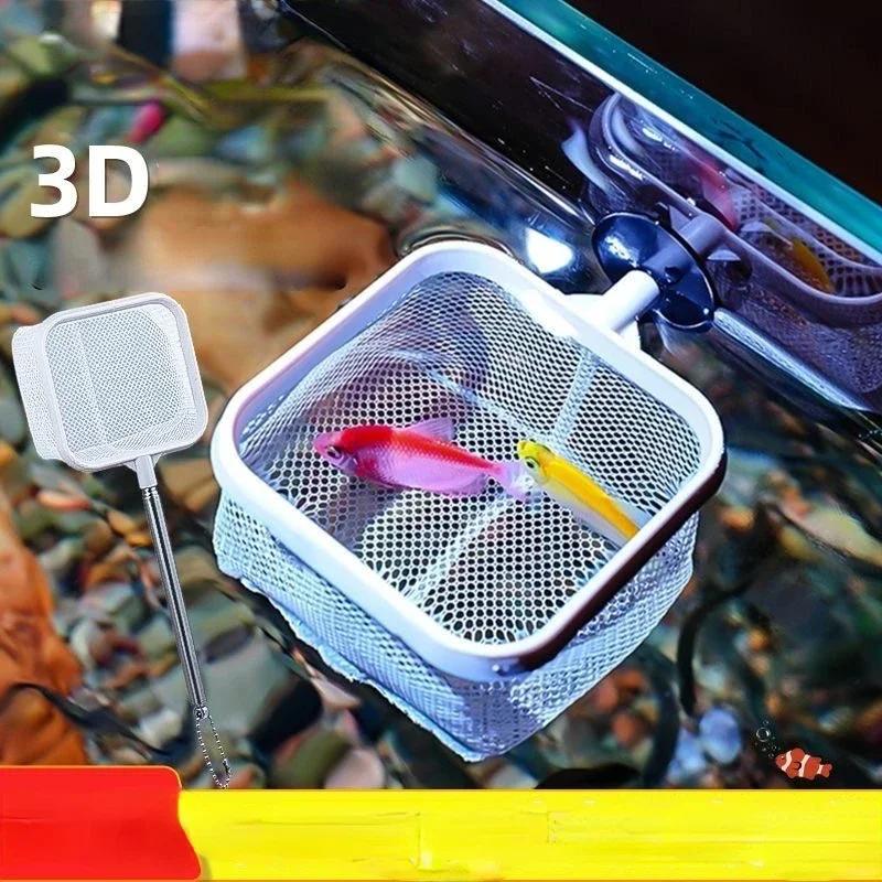 3D сачок для аквариума квадратный и круглый с присоской телескопическая ручка из нержавеющей стали для ловли рыбы креветок аквариум