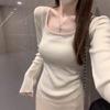 Autumn and Winter Wear a Gentle Style Square Neck Top Women's Splicing Pure Desire Design Knitwear Base Sweater Underwear
