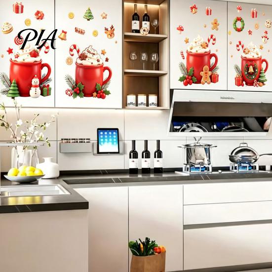 Waterproof Vinyl Kitchen Stickers 2Pcs Christmas Hot Drinks Wall for Cabinets, Self-Adhesive Art Decals Decor, Removable PVC Holiday Mug with