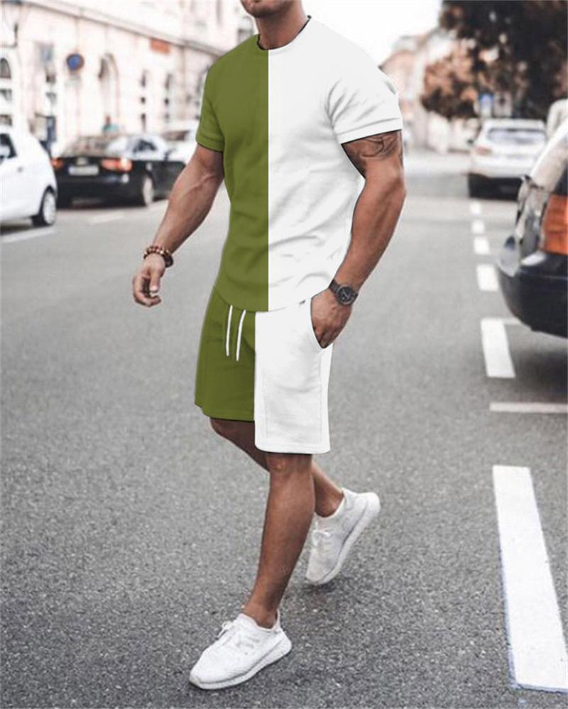 Мужской спортивный костюм футболка + шорты тренировочная одежда, комплект из 2 предметов, разноцветная спортивная одежда с короткими рукавами и 3D красно-черным узором