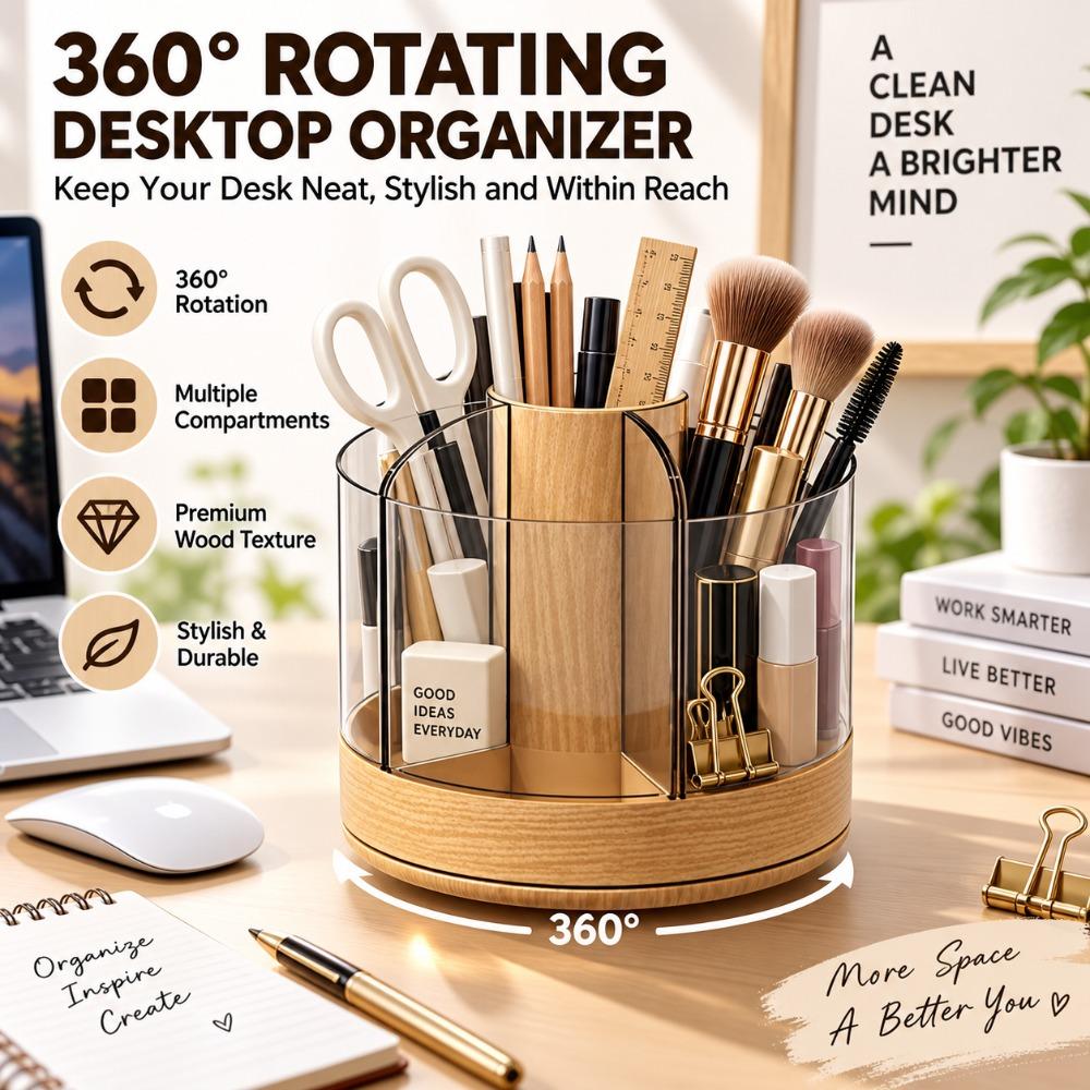 360 Rotating Rotating Makeup Organizer Woodgrain Cosmetics Storage Box Home Organization