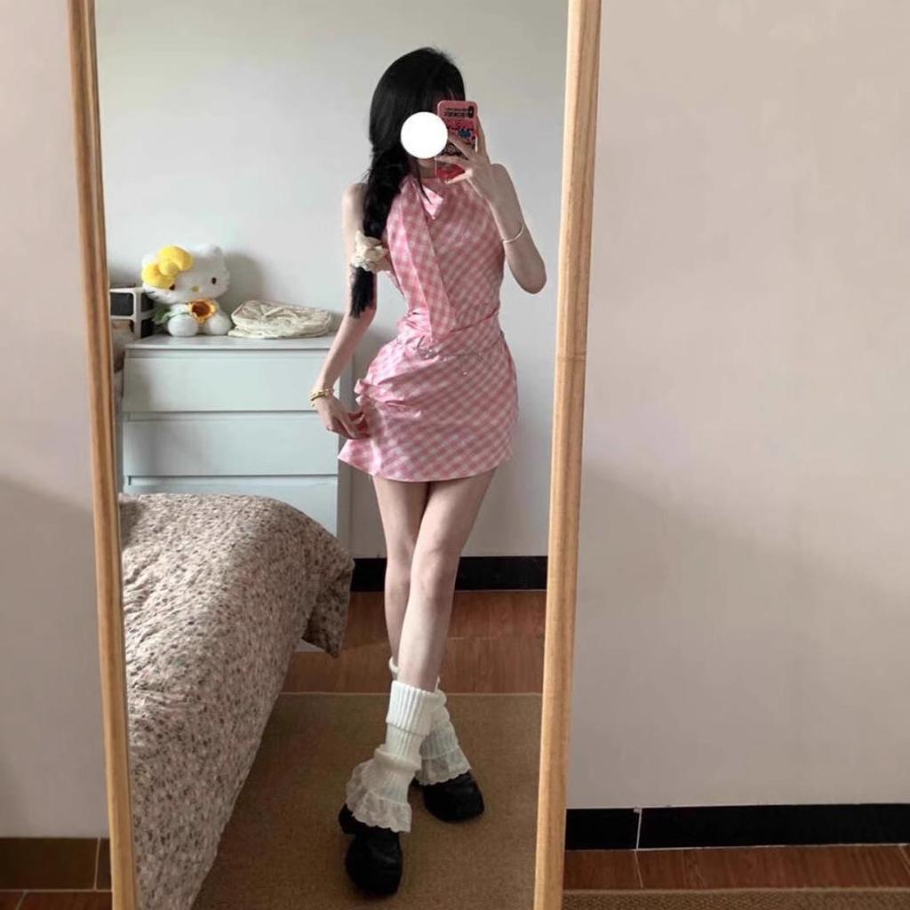 Women's Pink Plaid Halter Dress: Summer Irregular Mini with Bow and Waist-Hugging Design