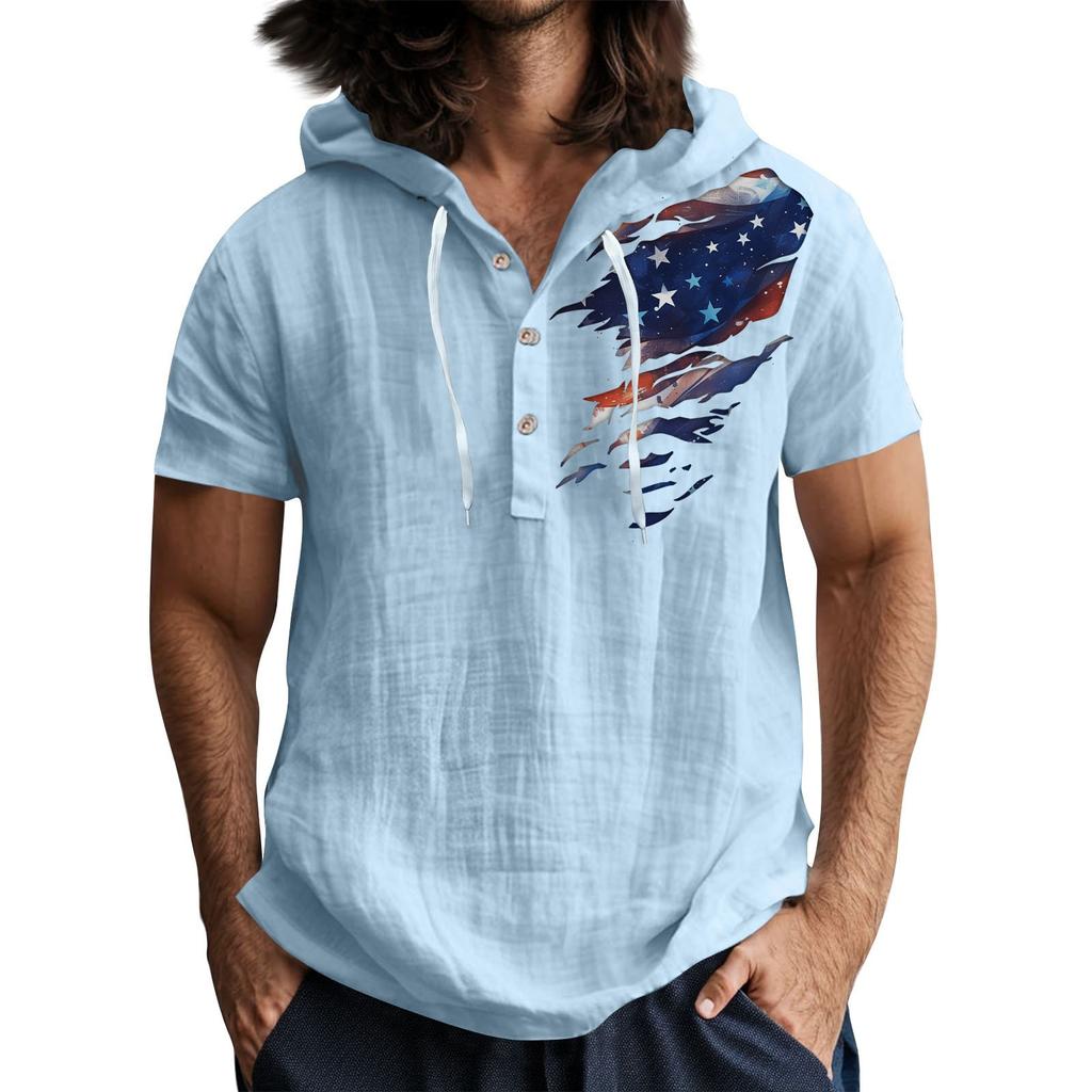 Мужская повседневная футболка с короткими рукавами, капюшоном и открытым воротом на пуговицах