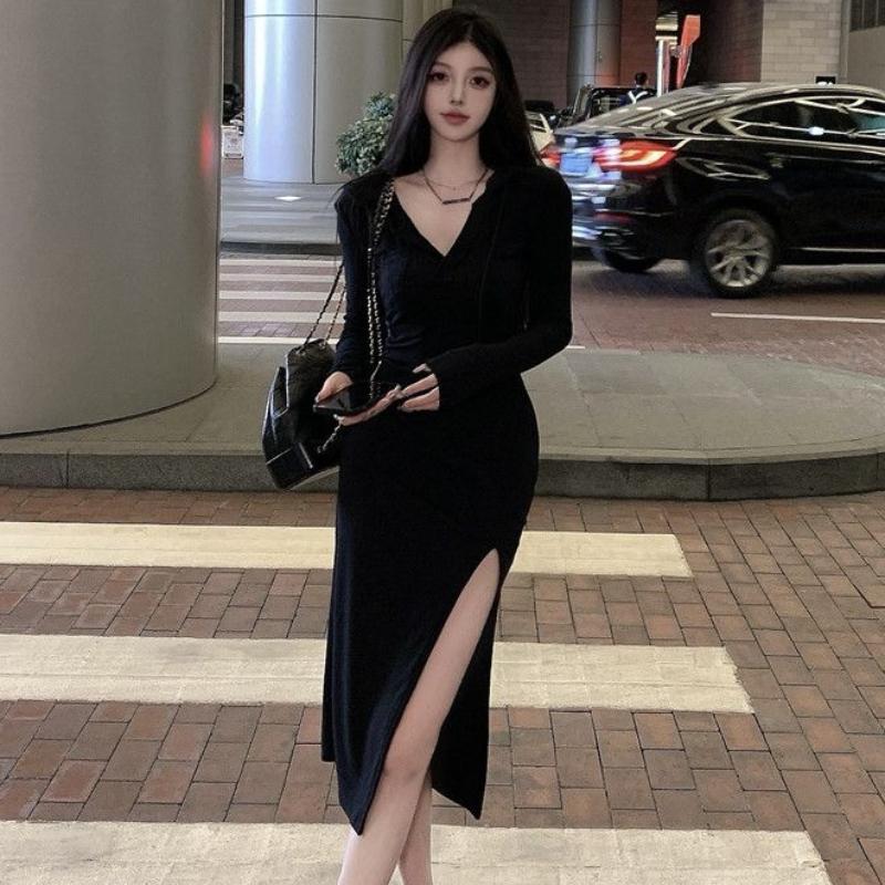Y2k Bodycon Hood Dress Women Fall Casual Wrap Split Hooded Dresses Korean Fashion Kpop Long Sleeve Robes Female
