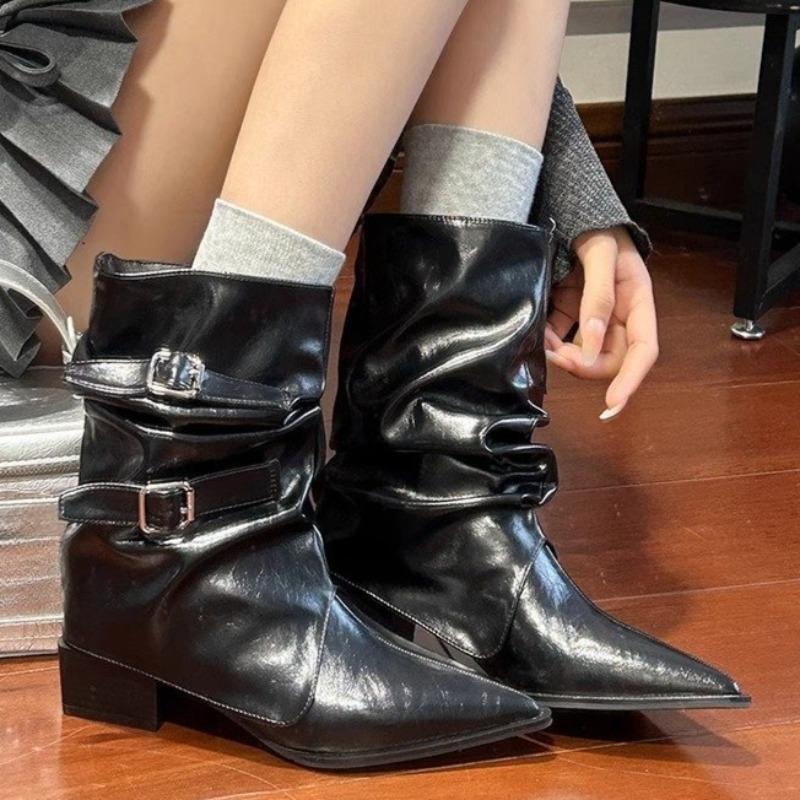 Ботильоны с острым носком, с пряжкой на ремне и блочным каблуком, женские, модные весенне-осенние, плиссированные, облегающие, средней высоты, с голенищем-гармошкой
