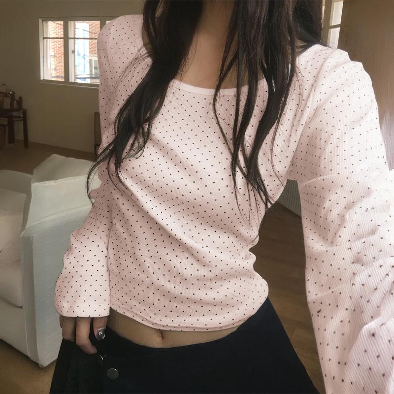 Женская блузка в горошек с длинным рукавом, квадратный вырез, облегающий крой, повседневный топ для ежедневной носки