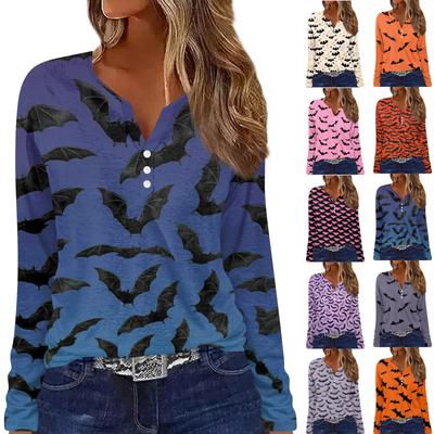 Жен. Футболка Футболка На пуговицах С принтом Длинный рукав Повседневные Выходные Мода Классический V-образный вырез Обычный Топ