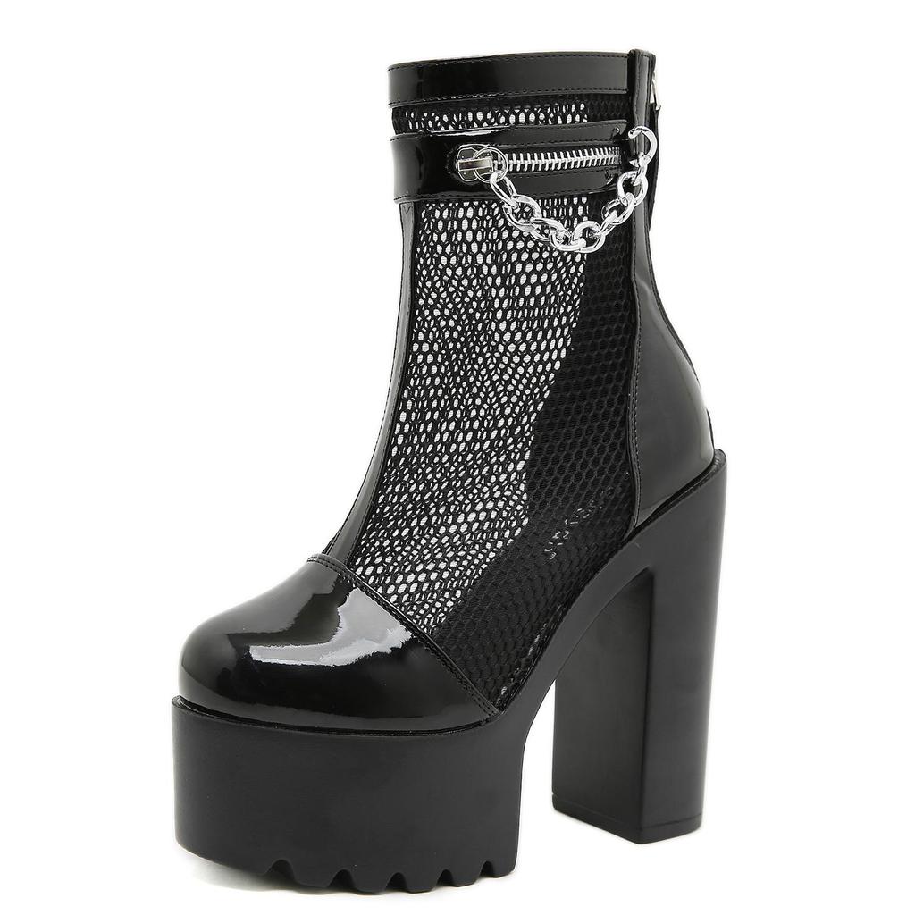 Gdgydh Женские короткие сапоги на блочном каблуке, стильные ботильоны на высоком каблуке с дышащей сеткой и молнией сзади, модная летняя обувь с цепочкой