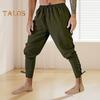 Men Pants Medieval Pirate Ankle-banded Lace-up Strap Elastic Waist Pleated Loose Solid Color Cropped Trousers Cosplay Performance Costume