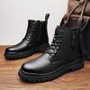 Мужские ботинки из натуральной кожи с круглым носком, зимние дизайнерские повседневные кожаные ботинки в британском стиле, модные высокие ботинки на шнуровке, черные ботинки на платформе