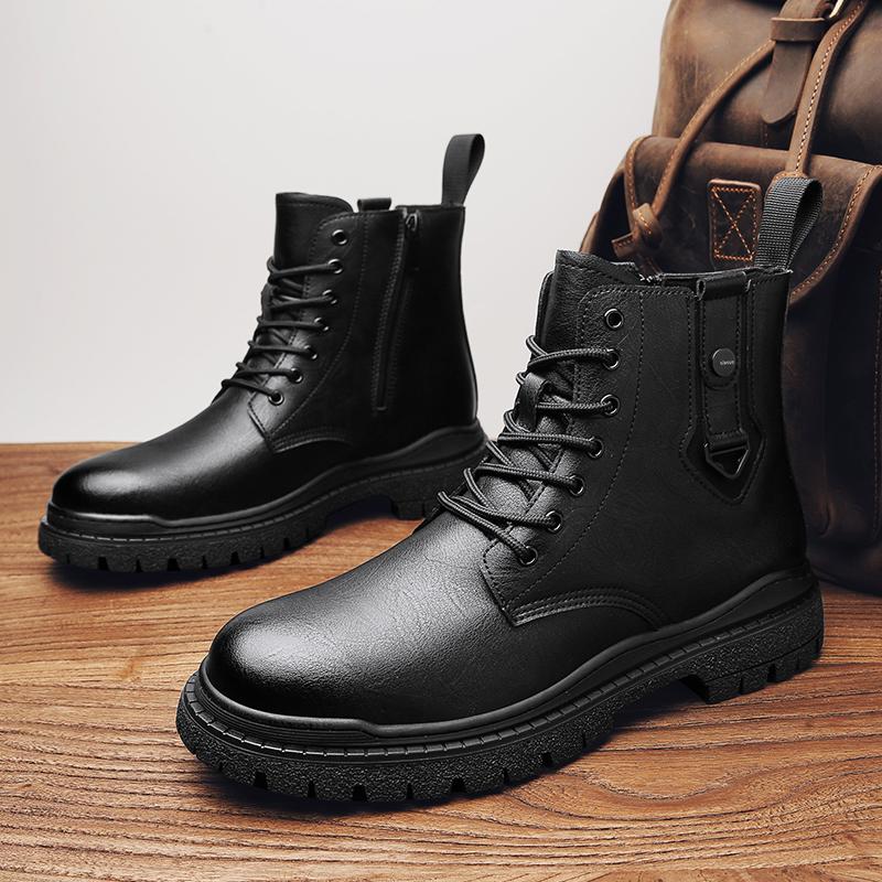 Мужские ботинки из натуральной кожи с круглым носком, зимние дизайнерские повседневные кожаные ботинки в британском стиле, модные высокие ботинки на шнуровке, черные ботинки на платформе