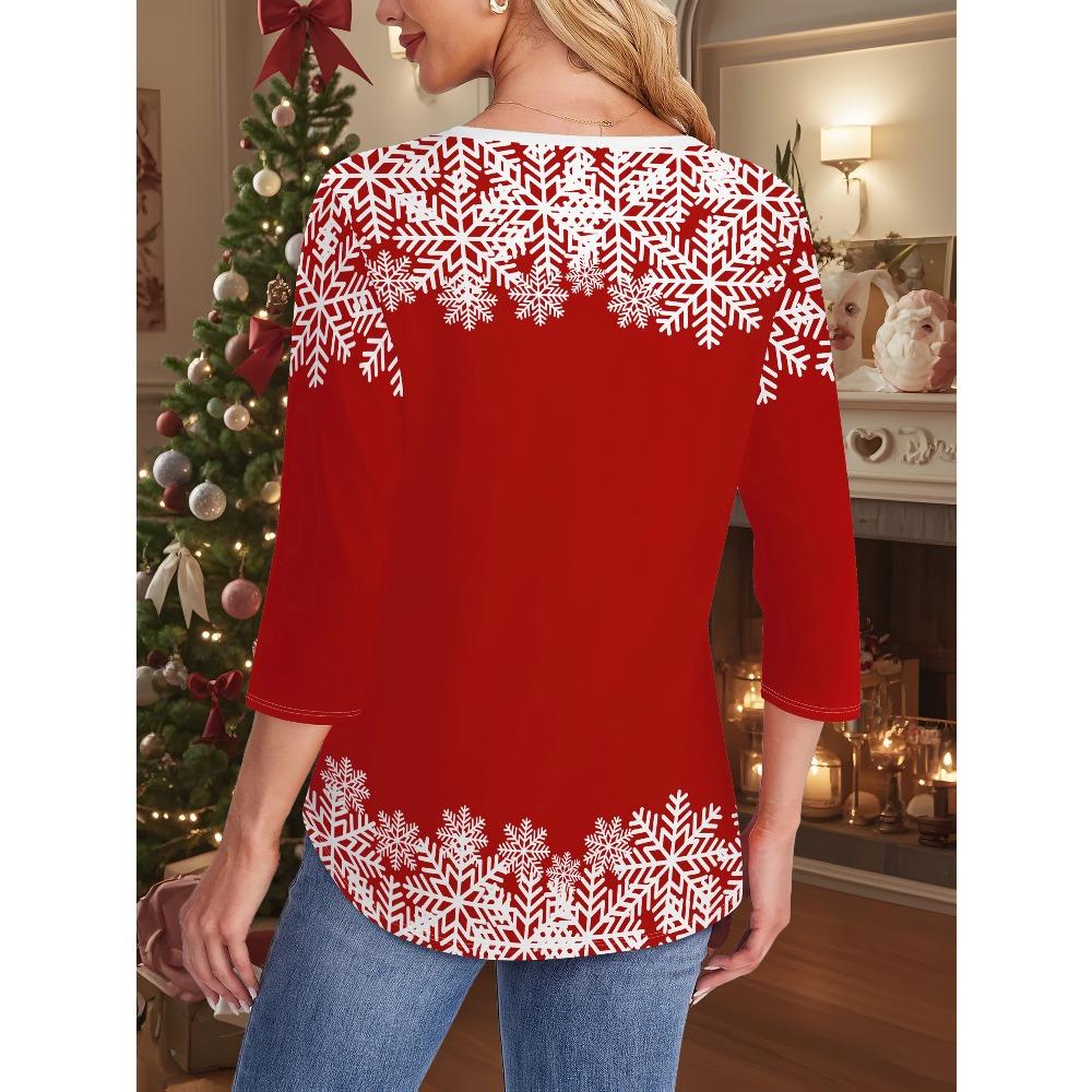 Women's Fashion Trend Festive Christmas Snowman Blockbuster Snowflake Pattern Zip T-Shirt Shirt