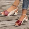 Ladies' Contrasting Color Elegant Sandals, Ankle Cushioned Plaid Comfortable Thick Heel Shoes, Casual Open Toe Shoes