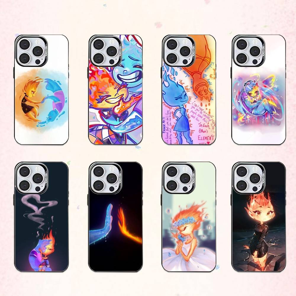 P-Pixar E-Elemental Чехол для телефона для iPhone 17, 16, 15, 14, 13, 12, 11 Plus, Pro Max Цветной Посеребренный Внутренний Чехол