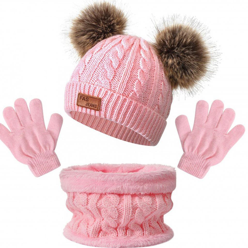 Детские вязаные теплые шапки с 1 парой перчаток и шарфовТеплая зима