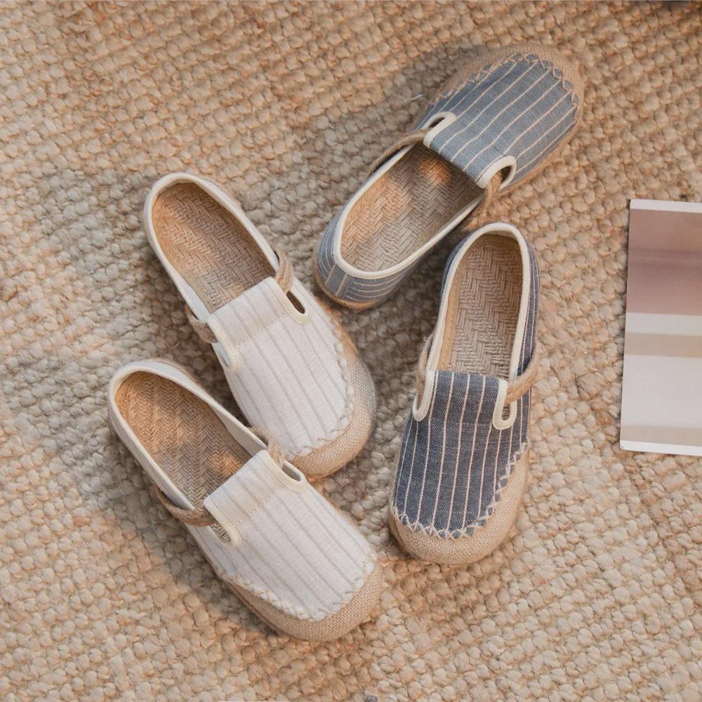 Женские льняные туфли DX19 Mori Girl из дышащей ткани в полоску, подходящего цвета, весна 2021 г.