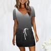 Women's Casual Printing Drawstring High Waist V-neck Short Sleeve  Dress